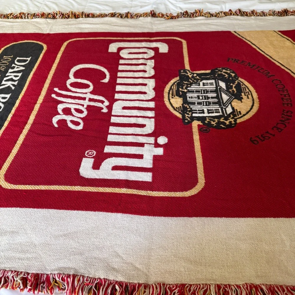 Community Coffee Dark Roast Woven Tapestry Throw Blanket Red Fringed Edge Retro